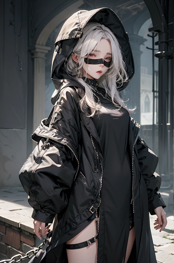 1mysterious girl, Wearing a hood、Wearing a black blindfold that covers your eyes, wearing the clothes of a Dark priestest, Her long white hair is loose、Her body was bound by divine chains.