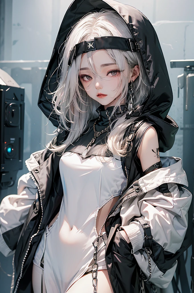 1mysterious girl, Wearing a hood、Wearing a black blindfold that covers your eyes, wearing the clothes of a Dark priestest, Her long white hair is loose、Her body was bound by divine chains.