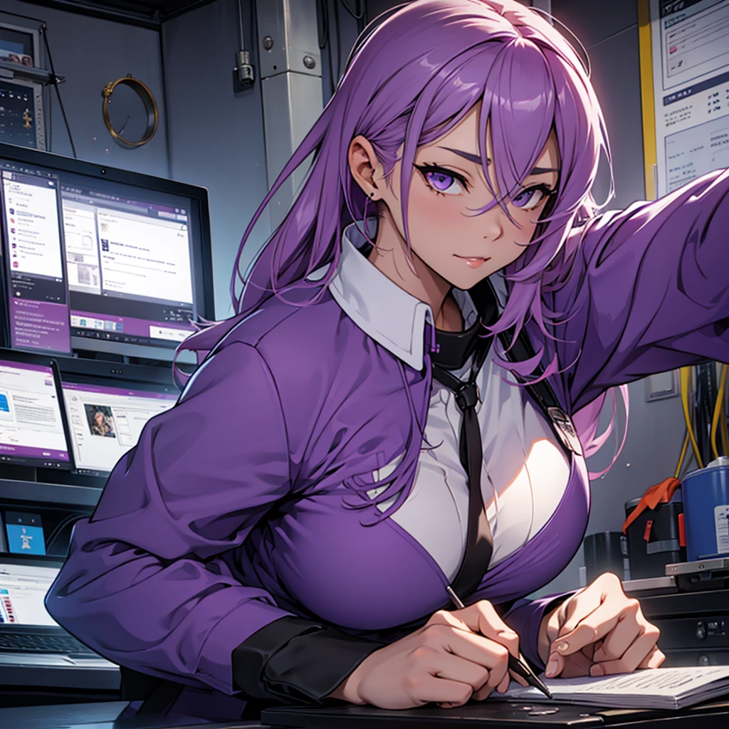 Imagine the MBTI Commander、Create a single woman in purple who works hard.。