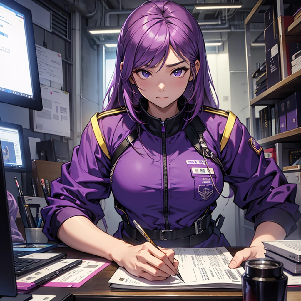 Imagine the MBTI Commander、Create a single woman in purple who works hard.。