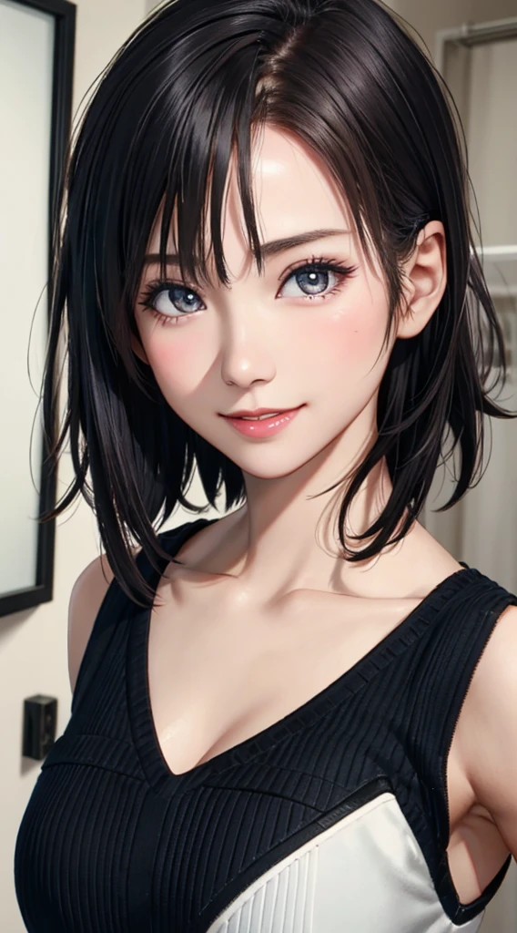 Highest quality,8k, Ultra-high resolution, (Realistic: 1.4), beautiful eyes, とてもbeautiful, Very short hair, beautiful, lover,naked, beautiful Soldier, Eyes that invite the viewer, loverの視点, Attractive expression, Sexy smile, Perfect Style, Perfect balance, Detailed skin, Mischievous Gaze, I can see your chest,Face-up Focus,