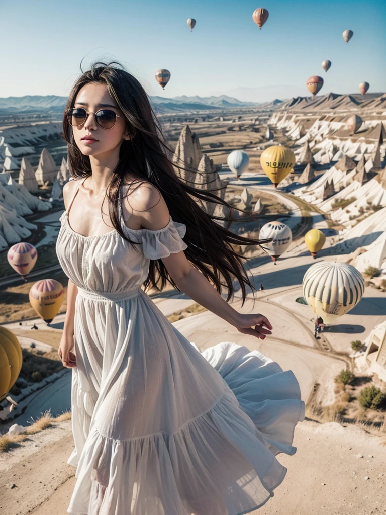  red skin, yellow eyes, long black hair, wearing white dress, walking on the cappadocia tukey, colorful hot air balloons in the sky, sunglasses