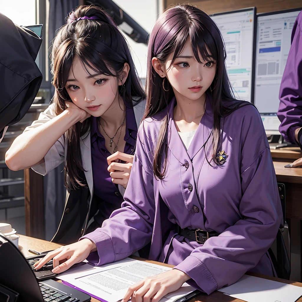 Imagine the MBTI Commander、Create a single woman in purple who works hard.。
