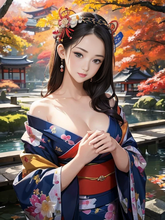 (Highest quality、 8k 、masterpiece、High resolution)、 Japanese painting、Vibrant colors、A woman wearing a kimono、Ample breasts、Hands on chest、(Highly detailed face and eyes,Beautiful Face,Beautiful Eyes,Beautiful nose,Pretty lips)、Dynamic painting technique、Japanese garden、Autumn scenery、autumn leaves、Starry Sky、Detailed Description、