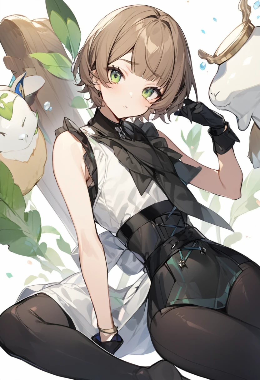 (One girl)、((short hair))、Bronze hair、bangs、((boyish))、Crossdresser、((Dairy-free))、(Healer)、Black Vest、black leggings、White sleeveless、black gloves、say、green eye、arm behind back、White Background、
