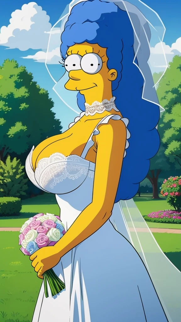 Marge Simpson with huge breasts in a lace micro bra and wedding dress with veil and bouquet in a park in Springfield