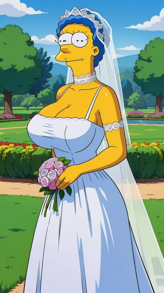Marge Simpson with huge breasts in a lace micro bra and wedding dress with veil and bouquet in a park in Springfield