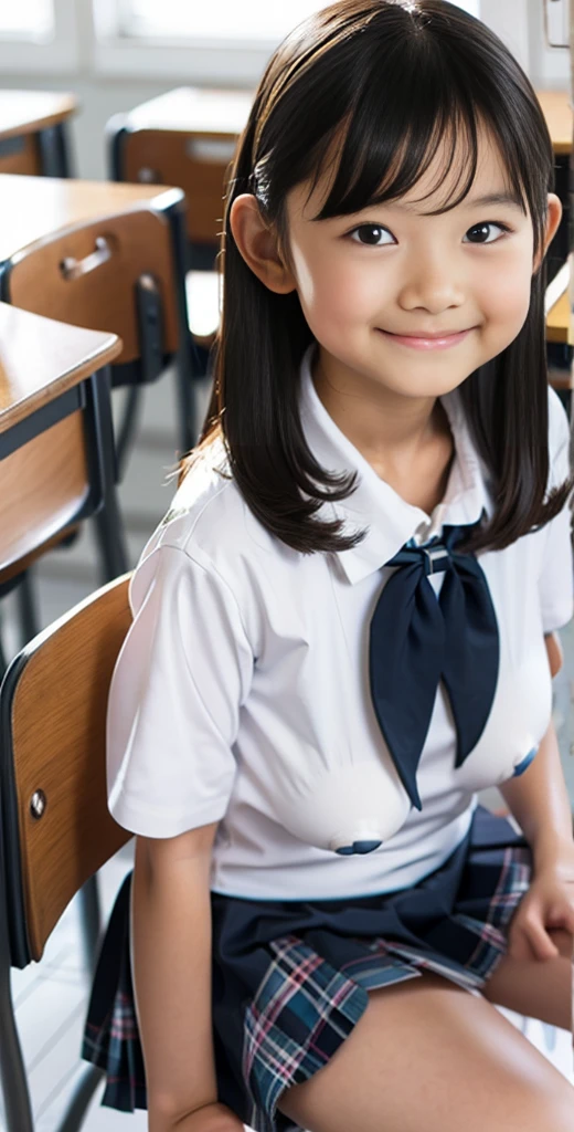 masterpiece, Highest quality, 8k, Young and beautiful girl, Baby Face、Clothed Big Tits、(((((()))))),((Large Breasts:1.3)), photo shoot, Cute Face, Thighs, classroom, Embarrassing、smile、 compensate, 10 generations, Detailed face, Background blur、Long Hair、Black Hair、Tight waist,((school uniform、White shirt、Checked mini skirt))、Black knee-high socks