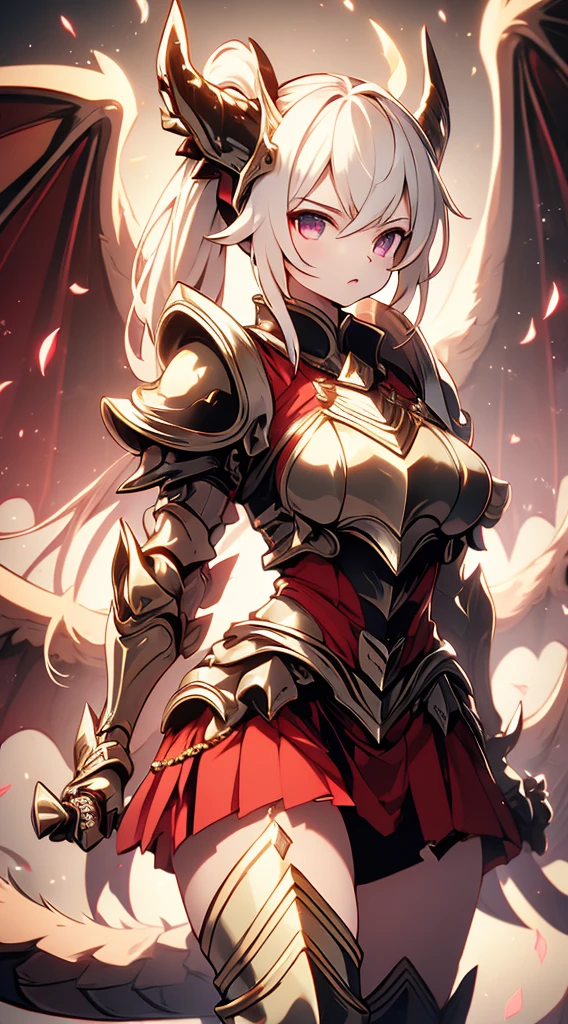 Dragon Girl，knight女孩，穿着knight铠甲的女孩，Breastplate，Skirt Armor，Arm Guard，Leggings，Bare thighs，丝绸Knee socks，Knee socks，White hair，Long hair，Single ponytail hairstyle，Dragon Horn女孩，Dragon Wings，Girl with wings，Dragon Horn，horn，巨Dragon Wings，White Wings，Dragon Tail，巨Dragon Tail，Long Tail，thick tail，Fat Tail，Smooth tail，White Tail，Scales，Scales衣服，knight，knight girl，Close-up above the waist，Upper body close-up，mature body，Big breasts，Big breasts，Wide crotch，Royal sister，big sister