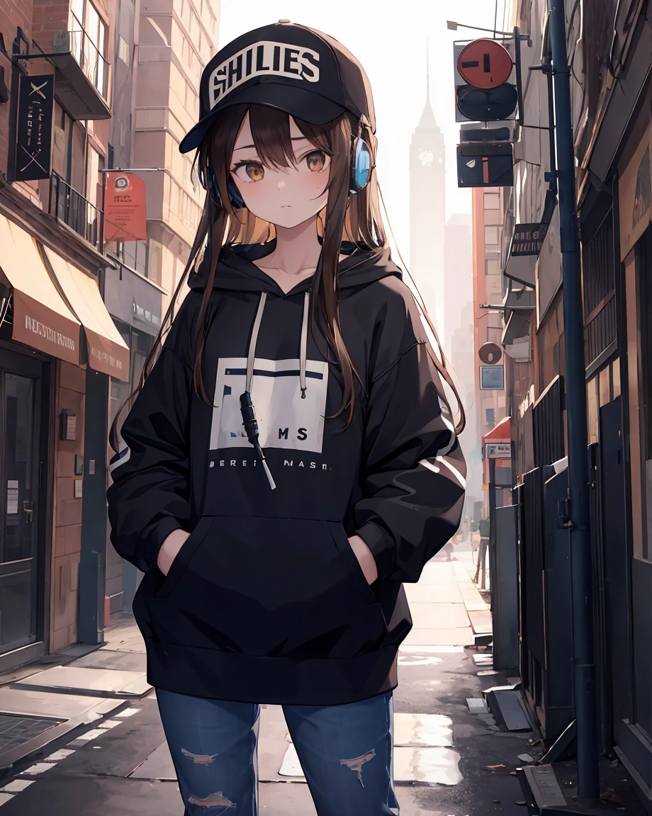 masterpiece,One girl,alone,Long Hair,Brown Hair,hoodie,Off the shoulder:1.2, Mob Cap, street,Hands on hips, Put your hands in your pockets,(Headphones)