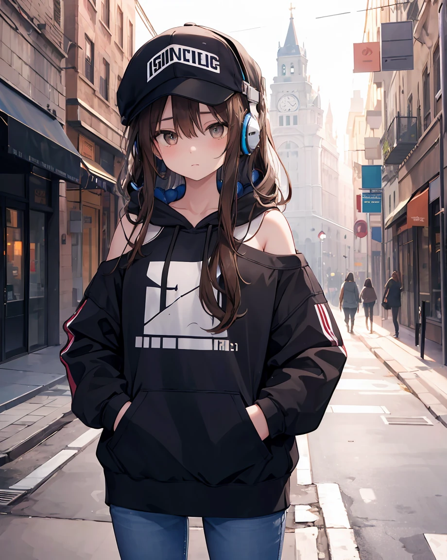 masterpiece,One girl,alone,Long Hair,Brown Hair,hoodie,Off the shoulder:1.2, Mob Cap, street,Hands on hips, Put your hands in your pockets,(Headphones)
