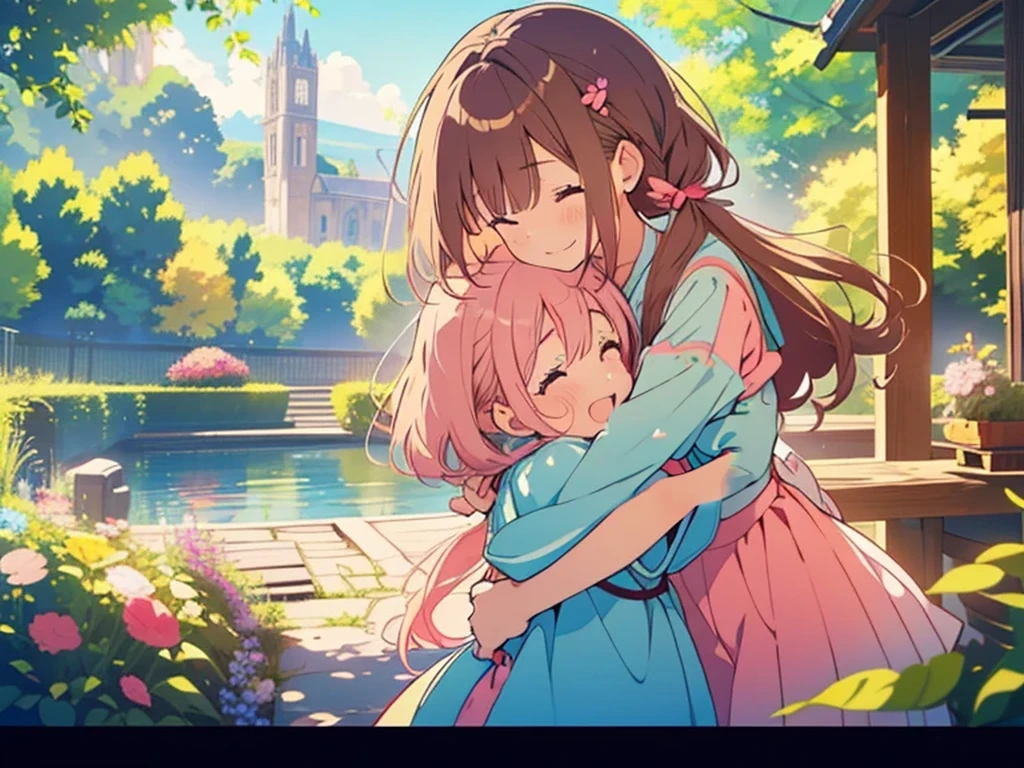kawaii, anime, Cute, hyper quality, highly detailed, 8k, Clarity, Two girls with brown hair and pink hair, One person has long dark brown hair and green eyes., The other is a young girl with a bright pink short bob and scarlet eyes., Hug each other in Europe's natural water gardens, shed tears, A touching reunion, warm atmosphere, clear blue sky, jump on, whole body, clear air, planted flowers and greenery, Draw facial expressions in detail, highlight on eyes, Close your eyes and cry and laugh, pull perspective, hoodie, Uplifting, jump and hug, Draw the whole body of both of them, light dances, pink hair, Netherlands, pick up a , A small butterfly of light dances,