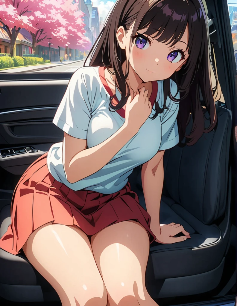 (anime artwork, anime style, studio anime, very detailed, up to date, vibrant, Anime Coloring, high contrast, masterpiece:1.2, best quality, best aesthetics),1 girl,hug from behind, Medium chest, A glimpse of thighs,random hair, One eye is hidden by the bangs, perfect proportions, high detail skin, Cute, detailed faces, precise fingers,curvy,in the car, front passenger's seat