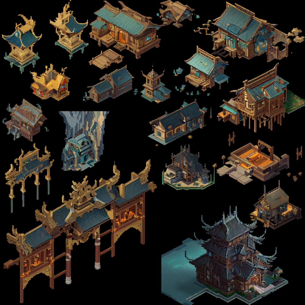 Close up of a bunch of different buildings and structures, isometric Game assets, Isometric Game Art, Isometric 2D Game Art, Isometric 3d fantasy, Game assetss, Pre-rendered isometric graphics, isometric views. Game Role Playing, Highly detailed isometric, video Game assetss, High Detail, Game assets, RPG Game Environment Assets, Isometric pixel art