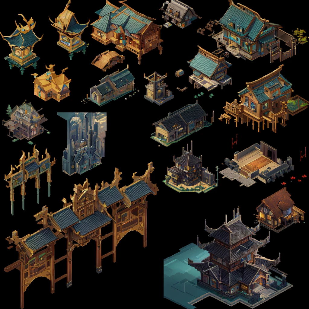 Close up of a bunch of different buildings and structures, isometric Game assets, Isometric Game Art, Isometric 2D Game Art, Isometric 3d fantasy, Game assetss, Pre-rendered isometric graphics, isometric views. Game Role Playing, Highly detailed isometric, video Game assetss, High Detail, Game assets, RPG Game Environment Assets, Isometric pixel art