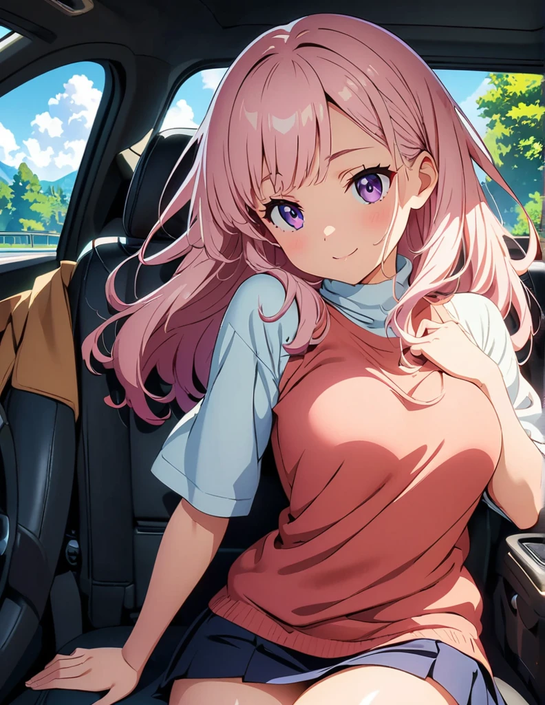 (anime artwork, anime style, studio anime, very detailed, up to date, vibrant, Anime Coloring, high contrast, masterpiece:1.2, best quality, best aesthetics),1 girl,hug from behind, Medium chest, A glimpse of thighs,random hair, One eye is hidden by the bangs, perfect proportions, high detail skin, Cute, detailed faces, precise fingers,curvy,in the car, front passenger's seat