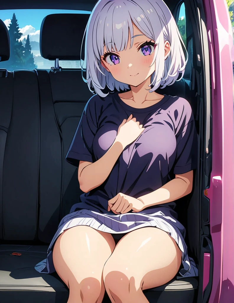 (anime artwork, anime style, studio anime, very detailed, up to date, vibrant, Anime Coloring, high contrast, masterpiece:1.2, best quality, best aesthetics),1 girl,hug from behind, Medium chest, A glimpse of thighs,random hair, One eye is hidden by the bangs, perfect proportions, high detail skin, Cute, detailed faces, precise fingers,curvy,in the car, front passenger's seat