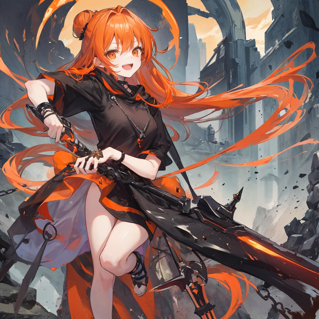 Long Hair、Orange Eyes、Orange Hair、Small breasts、Hair in a bun and down、Black hoodie、female、Inside the dungeon、laughing、Common One-Handed Sword、alone