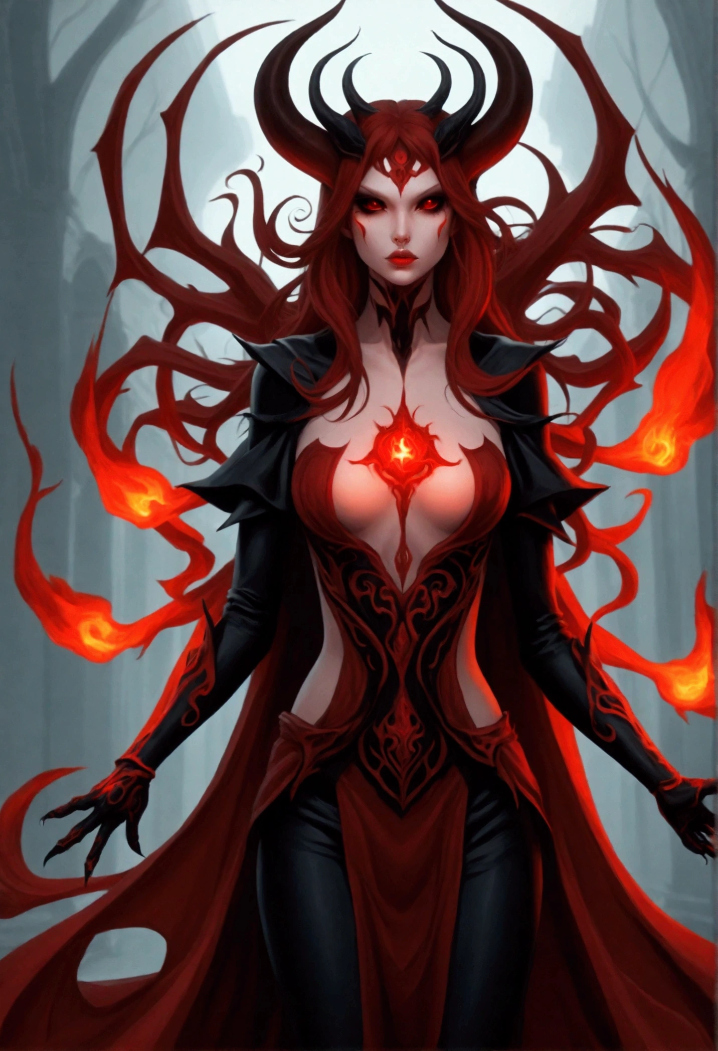 The female demon stands tall，menacing, Exudes an aura of hatred and malice. Her clothes were black and torn, Her eyes flashed a disturbing crimson. She represents everything contrary to unity and positivity