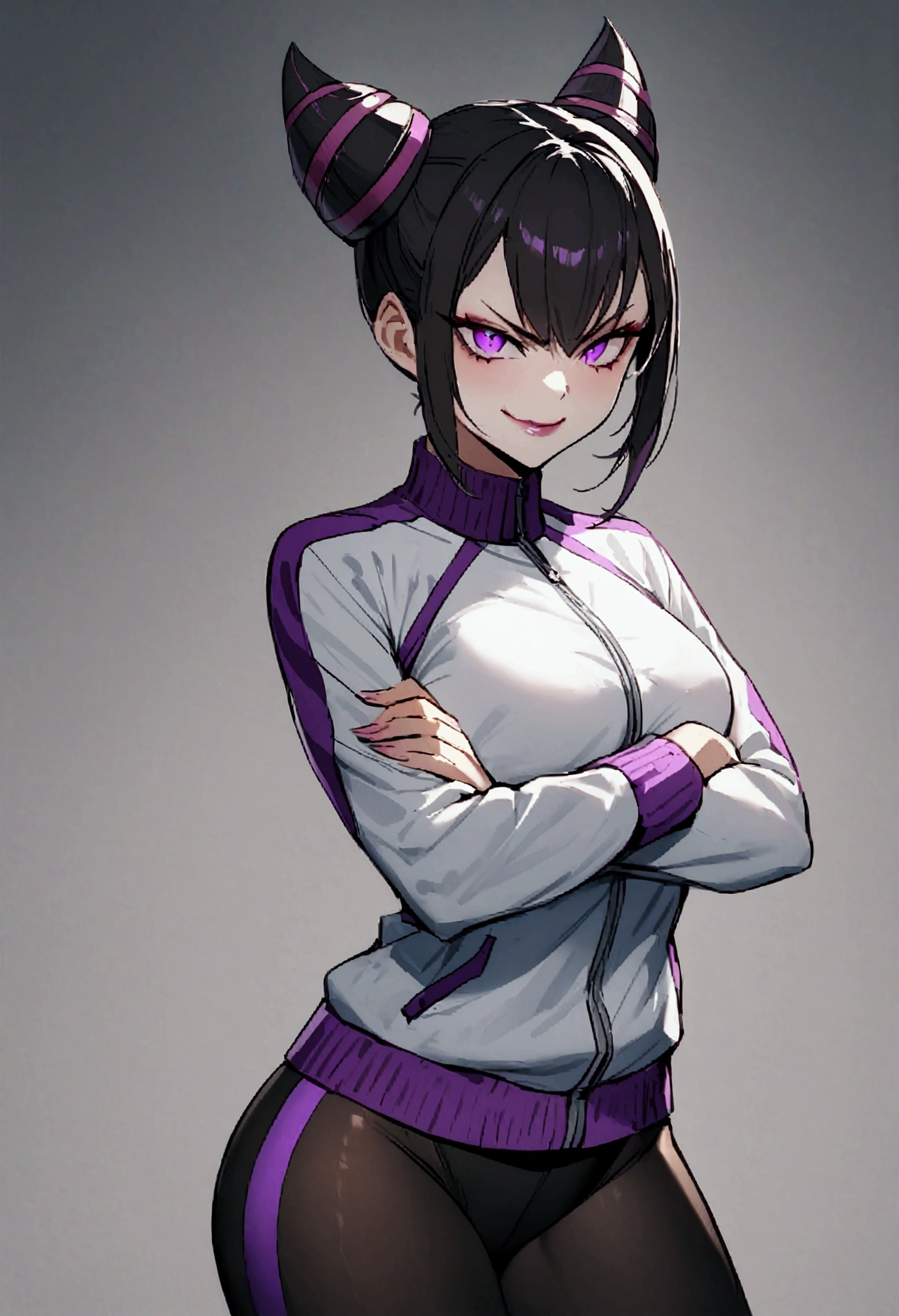 beautiful young fitness woman with , in a gym wearing May with black pantyhose, white and purple fitted gym jacket. standing alone,hair horns,bright purple eyes,Evil smile,legging preto aura roxa,arms crossed eye shadow,whole body,labiaa