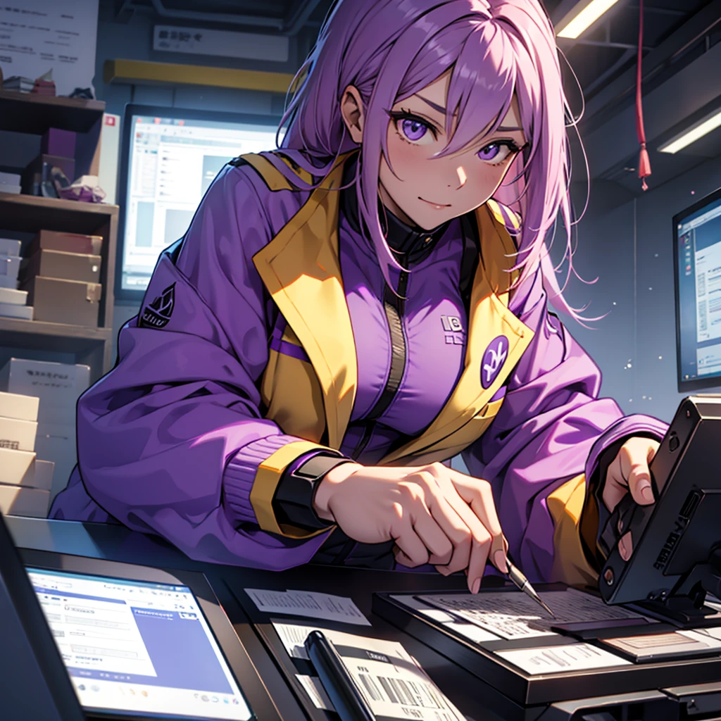 Imagine the MBTI Commander、Create a single, hard-working woman in purple.。