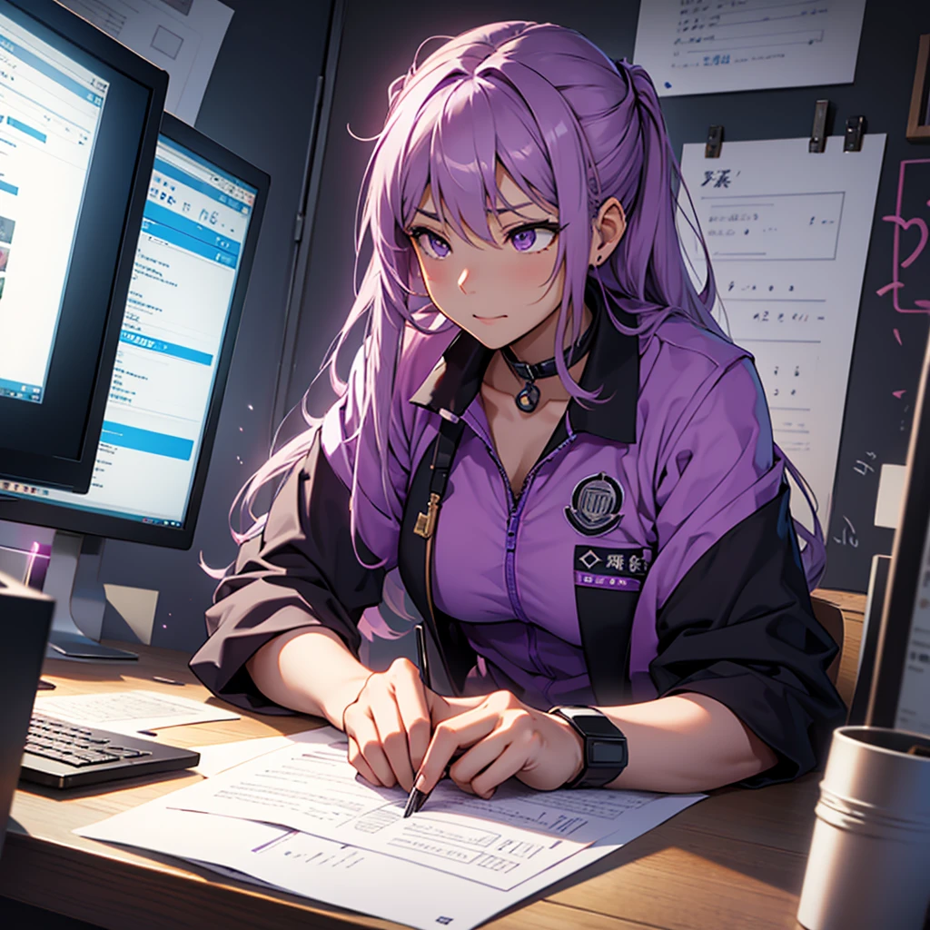 Imagine the MBTI Commander、Create a single woman in purple who works hard.。