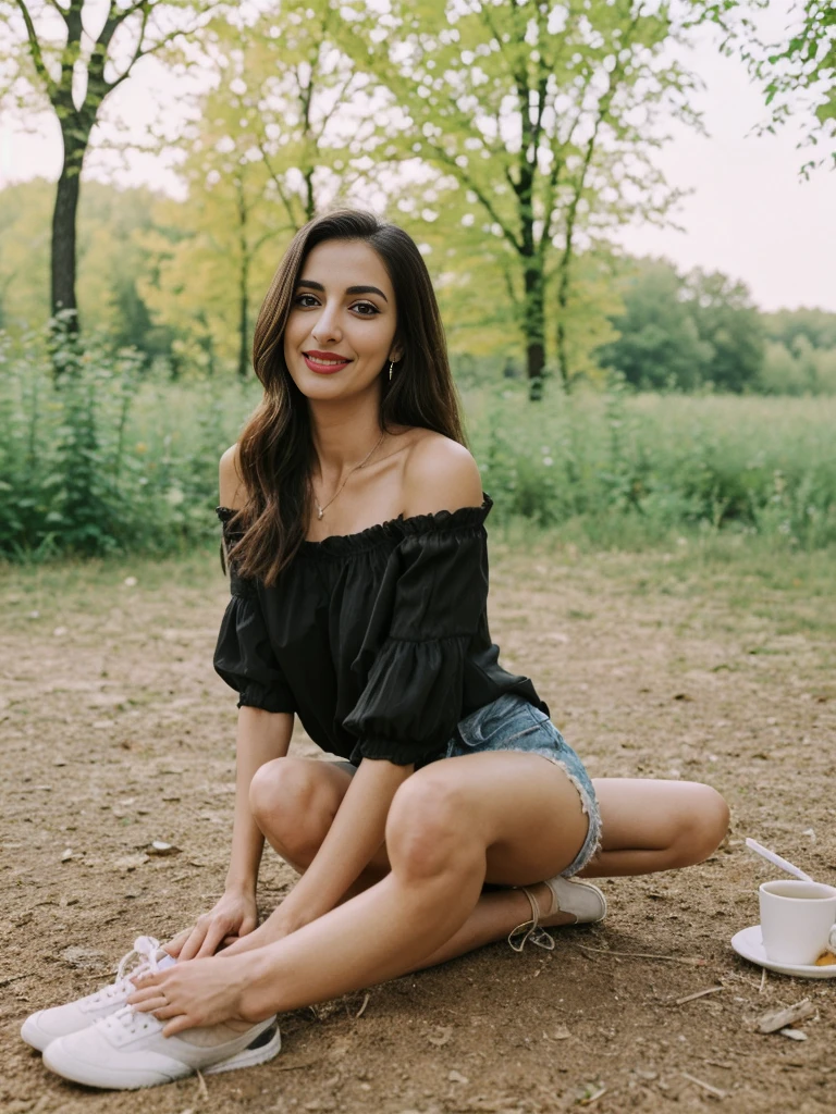 Noura, 1girl, solo, ((Qatari woman)), consistent face and body, ((MILF)), ((30 years old)), (mature), ((slim)), ((Qatari face)), (Qatari nose), (Qatari lips), ((medium straight hair)), upper body and upper legs, (background: overlooking eco-park in Manitoba), BREAK, (wearing light-black off shoulder blouse and ripped shorts), smirking, picnic shoot