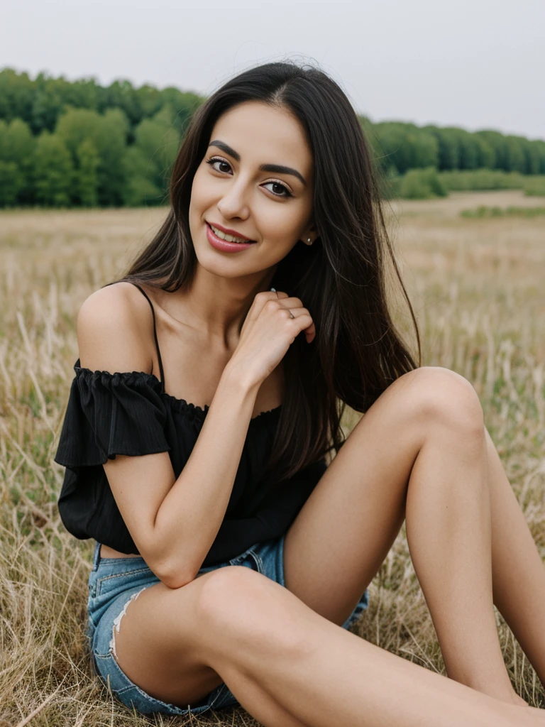 Noura, 1girl, solo, ((Qatari woman)), consistent face and body, ((MILF)), ((30 years old)), (mature), ((slim)), ((Qatari face)), (Qatari nose), (Qatari lips), ((medium straight hair)), upper body and upper legs, (background: overlooking eco-park in Manitoba), BREAK, (wearing light-black off shoulder blouse and ripped shorts), smirking, picnic shoot
