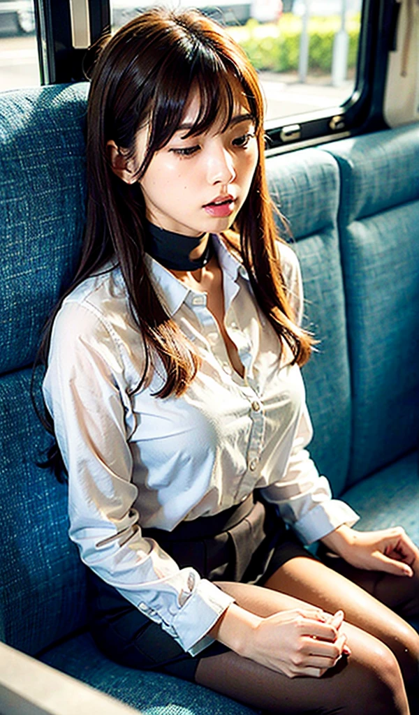 20-year-old women,,Clear images、Real women 、Brown Hair, Medium Hair〜Half-up、She is sleeping soundly with her mouth open.., Slim figure ,Breasts are a little bigger than normal , Head to toe full body shot, Shiny white high heels、 Blouse with ribbon on the chest、Checkered mini skirt, Sit comfortably in the back of the bus, 、私 threw my head back and fell into a deep sleep..,Arms hanging down. I'm exhausted on the way home after work..Sleeping like the dead.My knees are open, Both feet are on the floor, sleeping face, close your eyes, Mouth wide open and drool、Tilt your head back and look up, I can rest my head on the seat and sleep soundly..., Anatomically correct,Composition looking up from the front