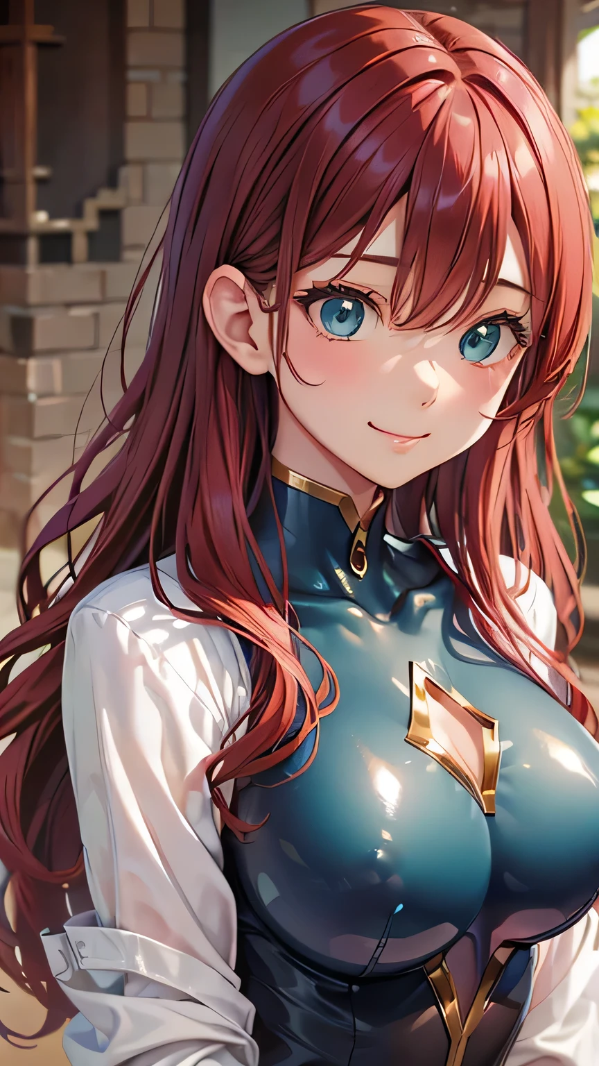 highest quality、Realistic、female、zoom、Green Eyes、Red long wavy hair、Hero Suit、Shiny blue bodysuit、slender、Dark Skin、Large Breasts、Aerial、An inappropriate smile、Bust Shot、