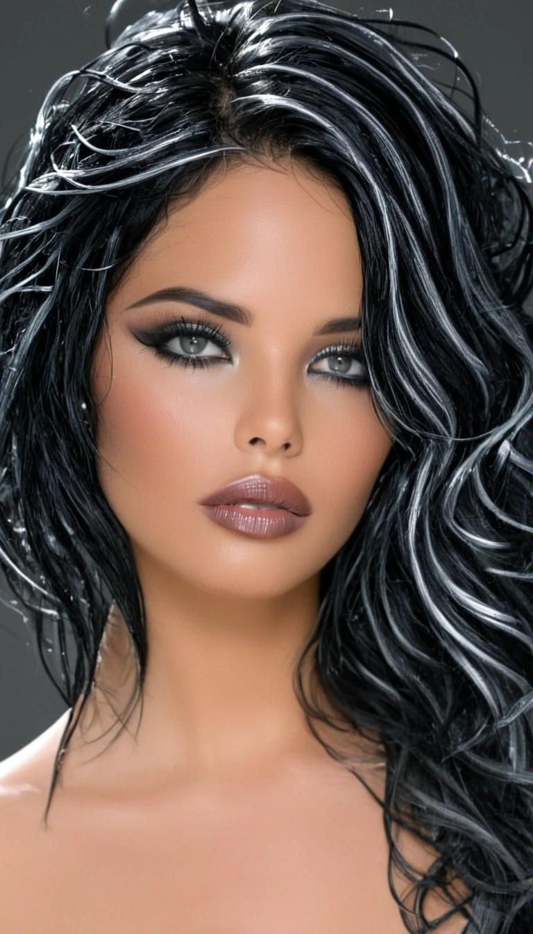 1 Aubade girl, Magnificent, long black wavy wet hair, yeux gris argenté brillants, black eyeliner, chrome gray lips, sensual lips slightly parted