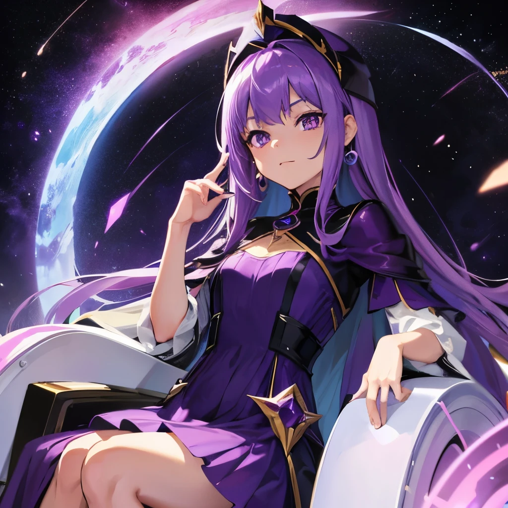 Gemstones Space Background　Sitting on the throne　Purple Hair　Purple eyes　Purple Dress　beautiful girl　the character is in the center of the frame,