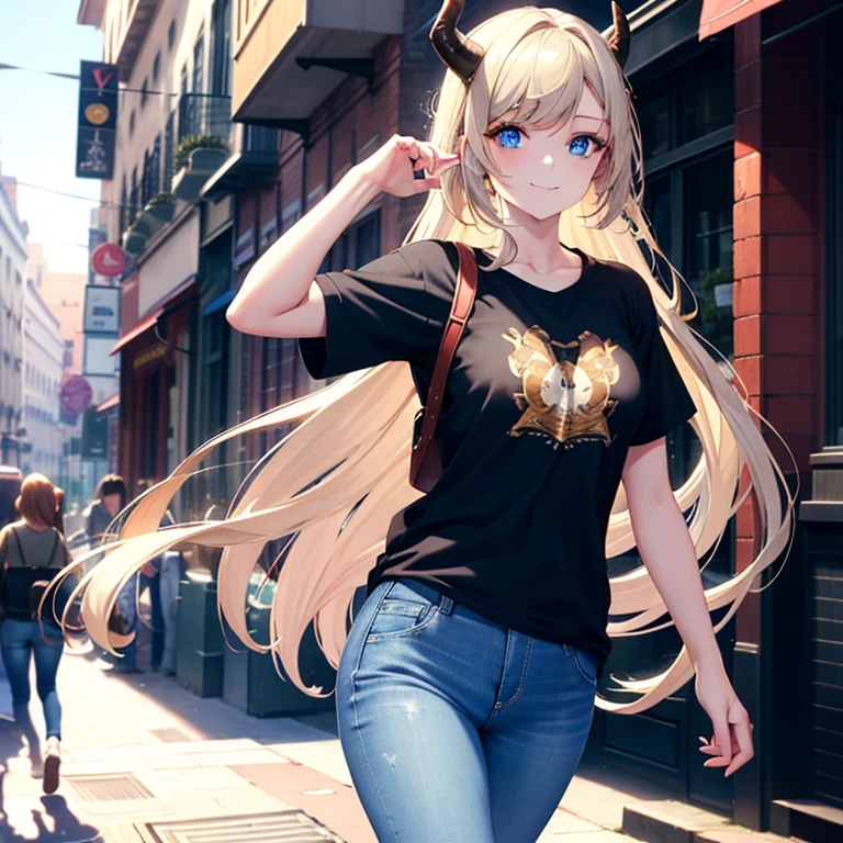 Masterpiece, best quality, Detailed quality, One girl, solo, has brown long hair, Black horns on her head, Blue eyes, beautiful face, wears blue t-shirt with short farmer jeans, smile, walking in the street, peoples on the street, sunny day