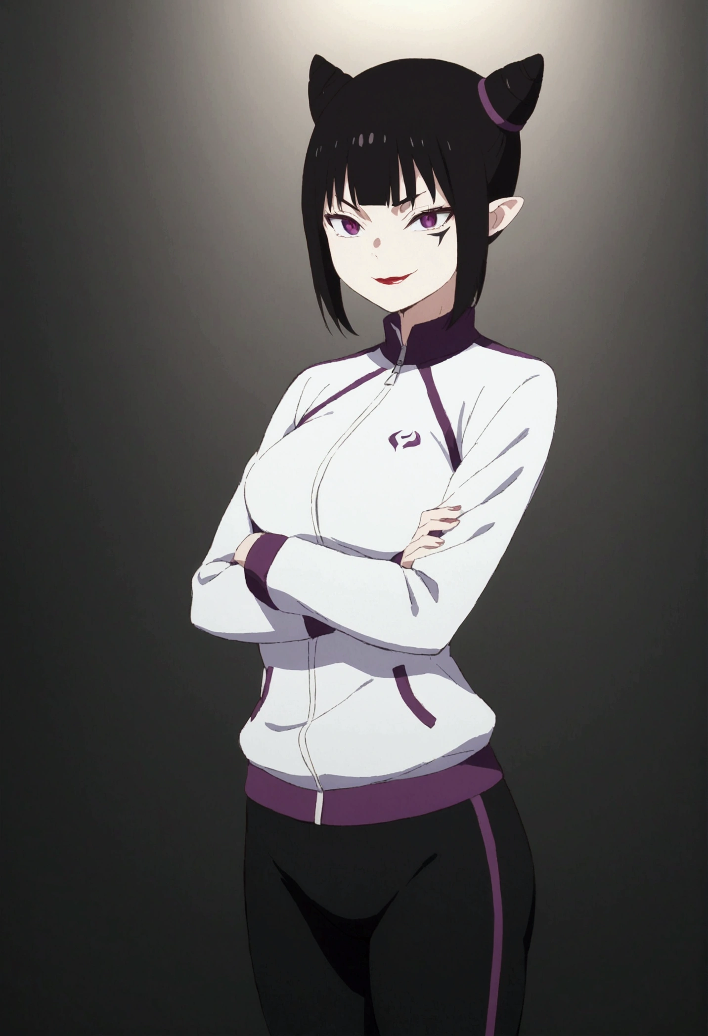 beautiful young fitness woman with , in a gym wearing May with black pantyhose, white and purple fitted gym jacket. standing alone,hair horns,bright purple eyes,Evil smile,legging preto aura roxa,arms crossed eye shadow,whole body,labiaa
