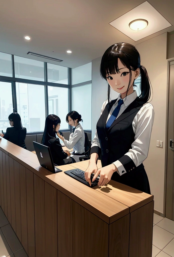 Business hotel front desk。Simple and modern design。On a wooden counter、Computers and phones are neatly arranged。Staff wear formal uniforms、Welcoming customers with a smile。The lobby has comfortable chairs and tables.、Business guests relaxing。The lighting is bright and functional.、Overall it is clean。