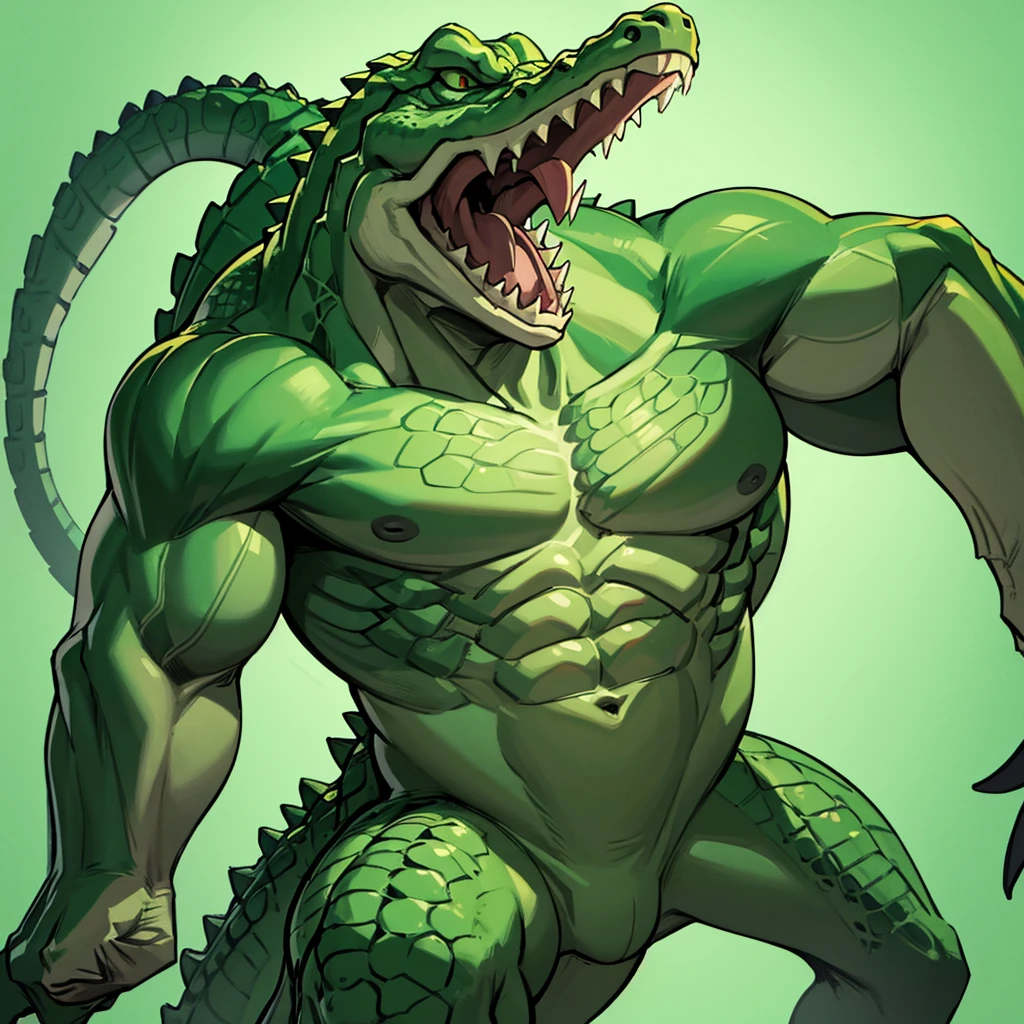 8k、((((No humans))))、Libra, reptiles, Crocodile, green body, Crocodile, Muscular, green scale, teeth、Irritated、Combat Stance、Movement angle、(White background)