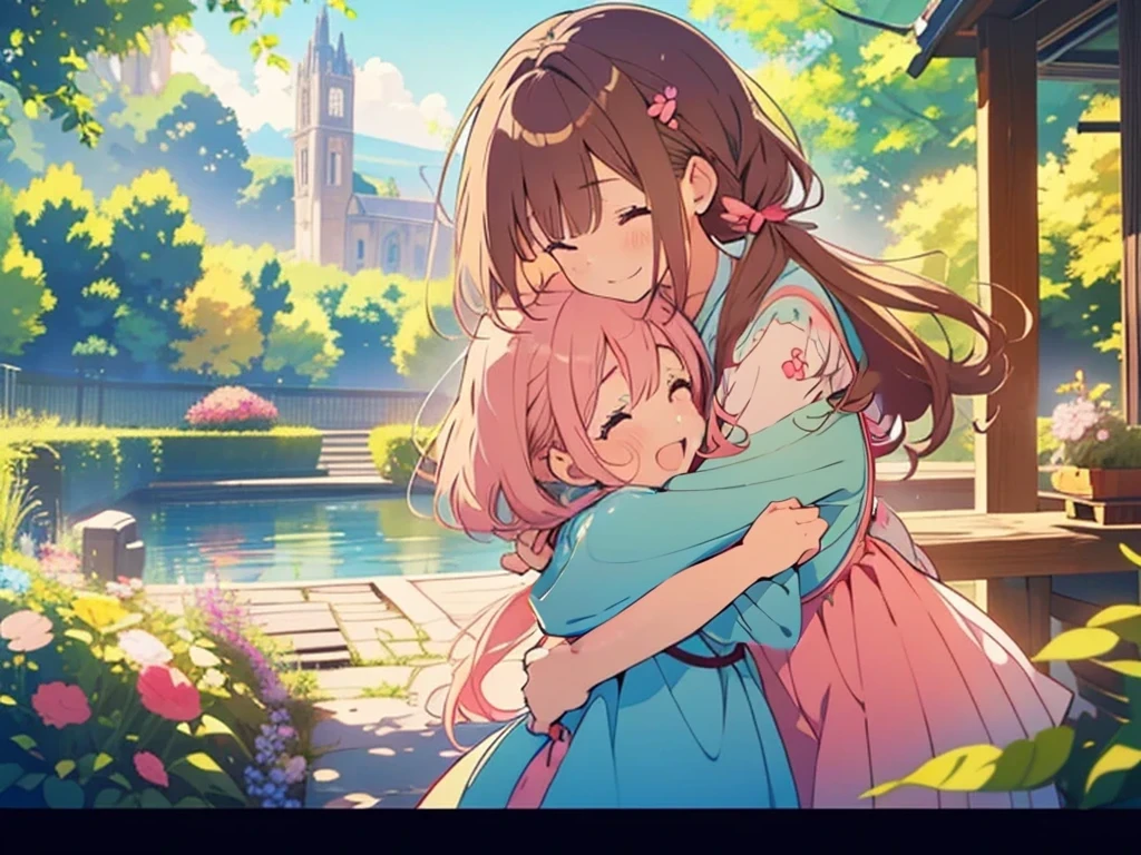 kawaii, anime, Cute, hyper quality, highly detailed, 8k, Clarity, Two girls with brown hair and pink hair, One person has long dark brown hair and green eyes., The other is a young girl with a bright pink short bob and scarlet eyes., Hug each other in Europe's natural water gardens, shed tears, A touching reunion, warm atmosphere, clear blue sky, jump on, whole body, clear air, planted flowers and greenery, Draw facial expressions in detail, highlight on eyes, Close your eyes and cry and laugh, pull perspective, hoodie, Uplifting, jump and hug, Draw the whole body of both of them, light dances, pink hair, Netherlands, pick up a , A small butterfly of light dances,
