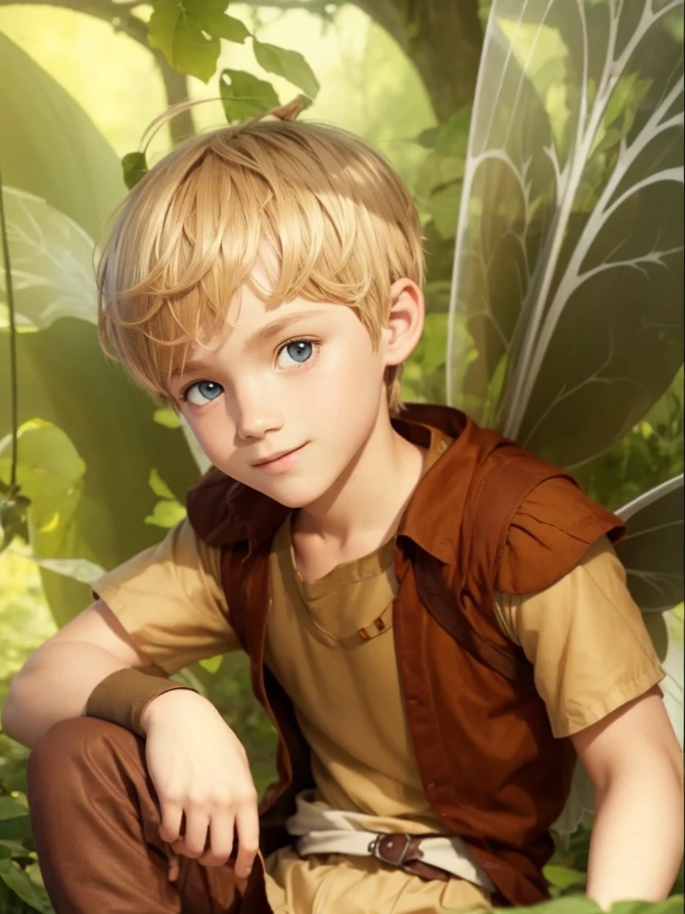 A fairy boy, with brown clothes, short blonde hair, with transparent handle, with a chestnut hat on his head