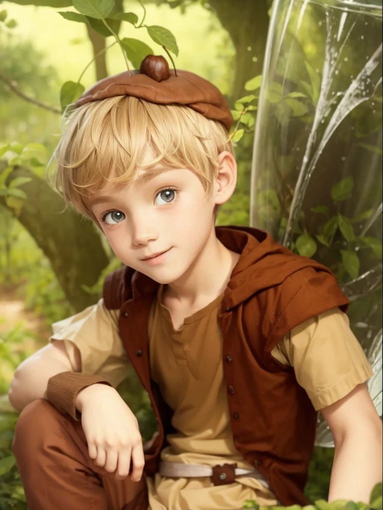 A fairy boy, with brown clothes, short blonde hair, with transparent handle, with a chestnut hat on his head