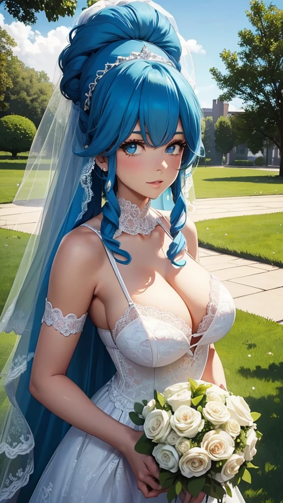 Marge Simpson with huge breasts in a lace micro bra and wedding dress with veil and bouquet in a park in Springfield