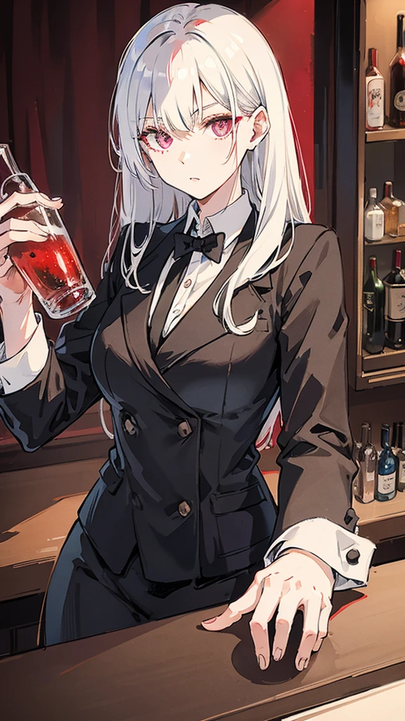 Slender woman, one eye red, bartender, black tie and jacket, white hair, heterochromatic eyes