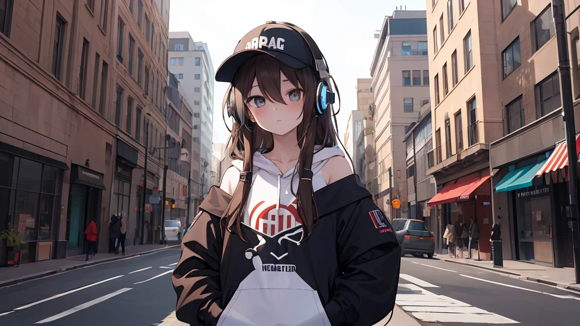 masterpiece,One girl,alone,Long Hair,Brown Hair,hoodie,Off the shoulder:1.2, Mob Cap, street,Hands on hips, Put your hands in your pockets,(Headphones)