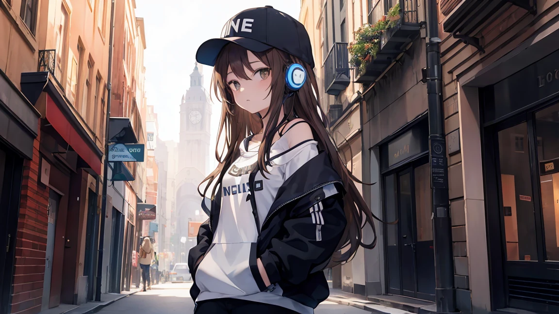 masterpiece,One girl,alone,Long Hair,Brown Hair,hoodie,Off the shoulder:1.2, Mob Cap, street,Hands on hips, Put your hands in your pockets,(Headphones)