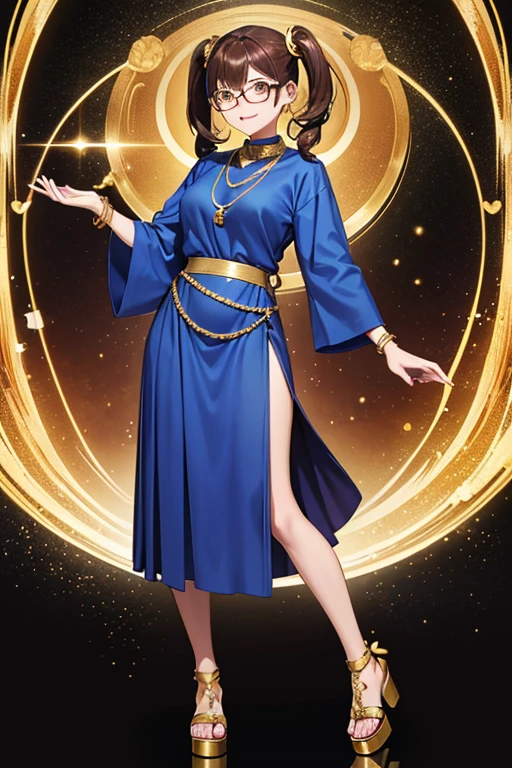 Anime Art、Full body portrait、Space SF Merchant、A woman around 34 years old, about 165cm tall, standing upright with a gold scale in one hand, wearing a blue shirt and a long skirt with a slit reaching down to the ankles、Red eyeshadow、Glasses、Laughing with mouth open、Her hairstyle is short twin tails.、２Chignon、Brown Hair、Dark Eyes、Gold earrings、Gold Necklace、Gold Bracelet、Platform Sandals