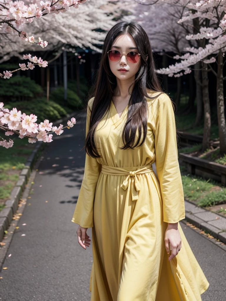 red skin, yellow eyes, long black hair, wearing dress, walking on the japan, cherryblossom, sunglasses