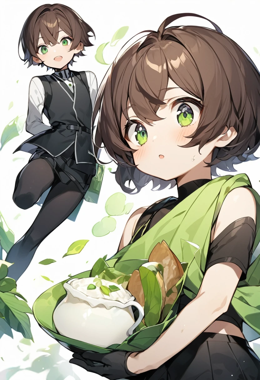 (One girl)、((short hair))、right brown hair、((boyish))、((Dairy-free))、(Healer)、Black Vest、black leggings、White sleeveless、black gloves、say、green eye、arm behind back、White Background、
