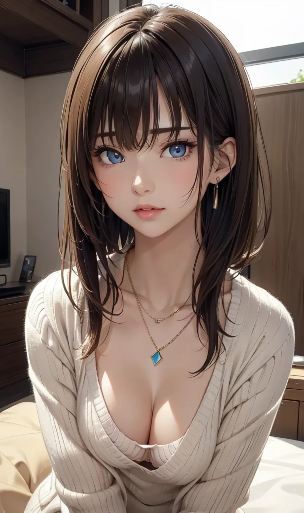 (Maximum resolution: 1.2), (Ultra HD TV: 1.2), Cinematic Light, Ultra HD TV, (Beautiful Eyes and skin), (Detailed facial features), Hmph, 8k resolution, Sharp focus: 1.2,、Perfect Style, Beautiful Face, Perfect body, Accurate, Anatomically correct, Highly detailed face and skin texture, Beautiful Eyes, Dark blue eyes, double eyelid, Thin eyebrows, Glitter Eyeliner: 1.2, Natural Cheeks, Glowing Skin, Fair skin: 1.2, 光沢のある小さなnecklaceとイヤリング, (Glossy Lips: 1.4),　Cute Japanese Women Photoid-chest、delicate、Thin thighs、Upper Body、(Extra Large_sweater:1.1),Removed clothes、Black underwear、necklace、Simple Background、Look around、Cute Earrings、