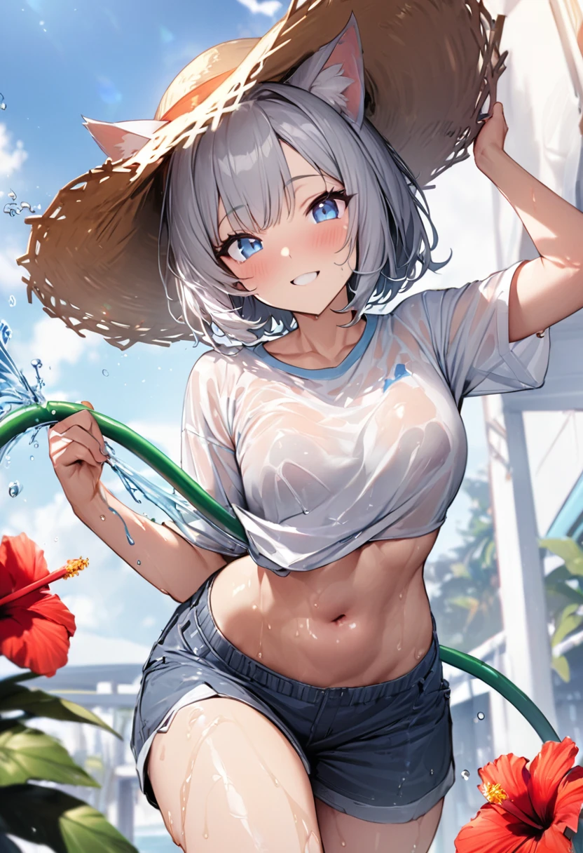 1girl、(((best quality)), ((masterpiece)), (details), masterpiece, best quality, high quality, ulutra detailed, perfect face, ((1girl, Blue eyes, cat ears: 1.3 silver bob hair: 2.5,))、Shiny Hair、Glowing Skin、Happy face、Lustful look、Water Play、Spray with a hose、T-Shirts、Shorts、Straw hat、I can see my toned stomach、Clothes get wet、hibiscus、