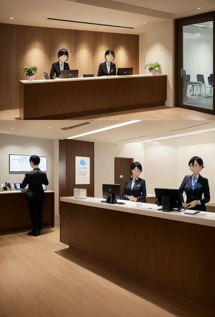 Business hotel front desk。Simple and modern design。On a wooden counter、Computers and phones are neatly arranged。Staff wear formal uniforms、Welcoming customers with a smile。The lobby has comfortable chairs and tables.、Business guests relaxing。The lighting is bright and functional.、Overall it is clean。