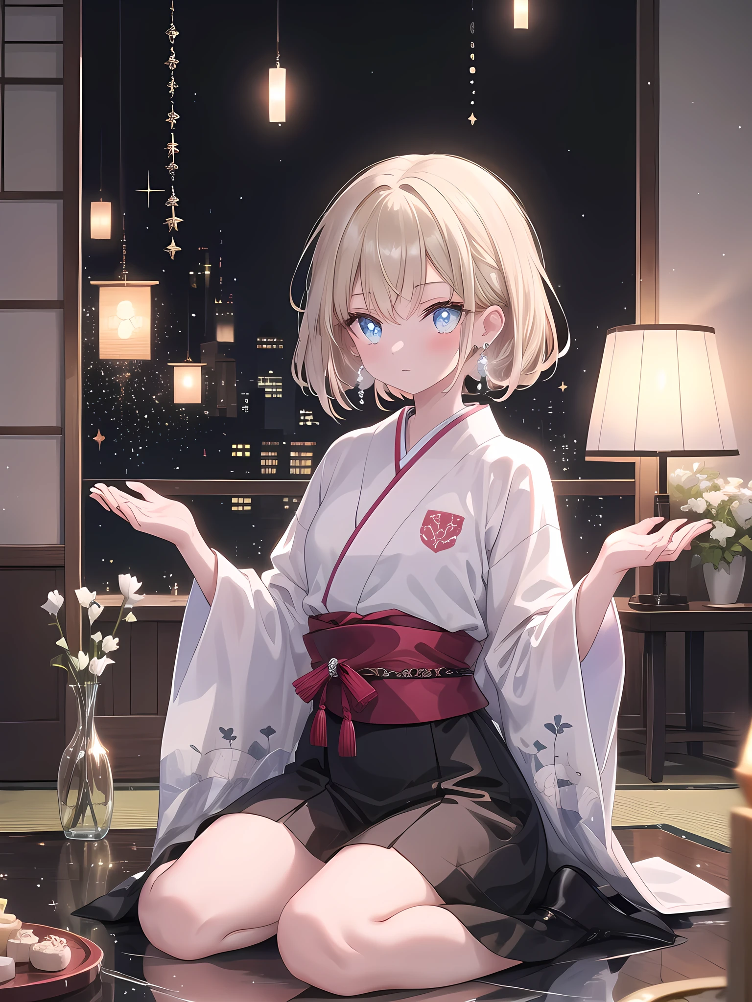 ((8k, best quality, master piece: 1.3)),super high resolution,(1 girl, solo), (colorshift eyes, hyperdetailed, expressive sparkling, glitter, glowing eyes), ultra detailed eyes, ultra-detailed face, random hair, ((pastel color)), A with dark blonde hair is sitting in a traditional Japanese room at home, seated in a "wariza" pose. Behind her, beautiful shoji screens add to the serene ambiance. Her eyes are a deep blue, and small pearl earrings glisten on her ears. A high-tech scene with silver light reflections bouncing off metallic surfaces. The main subject is surrounded by reflective objects that catch and scatter the light, creating a sleek and polished look. The lighting is bright and sharp, accentuating the modern and sophisticated elements of the scene.